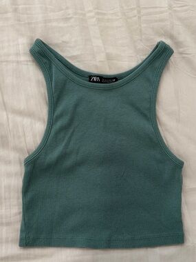 ZARA Ribbed Crewneck Top in Mint Green